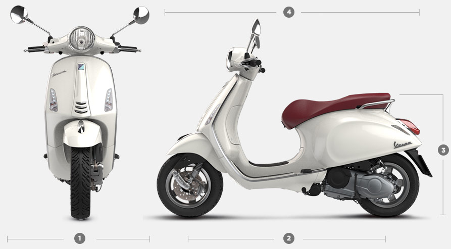 Imagen vespa color blanco medidas: ancho: 735mm; longitud: 1860mm; de rueda a rueda: 1340mm; altura de asiento: 780mm.