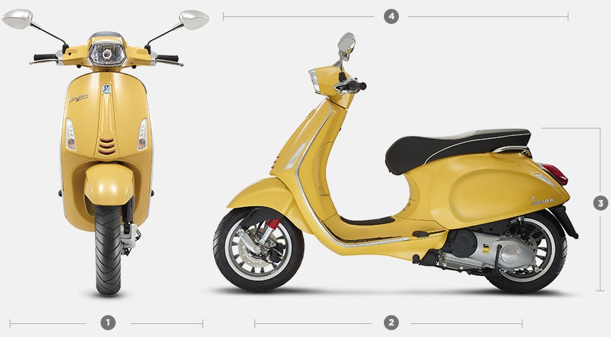 Modelo Vespa color amarillo con especificaciones de tamaño.